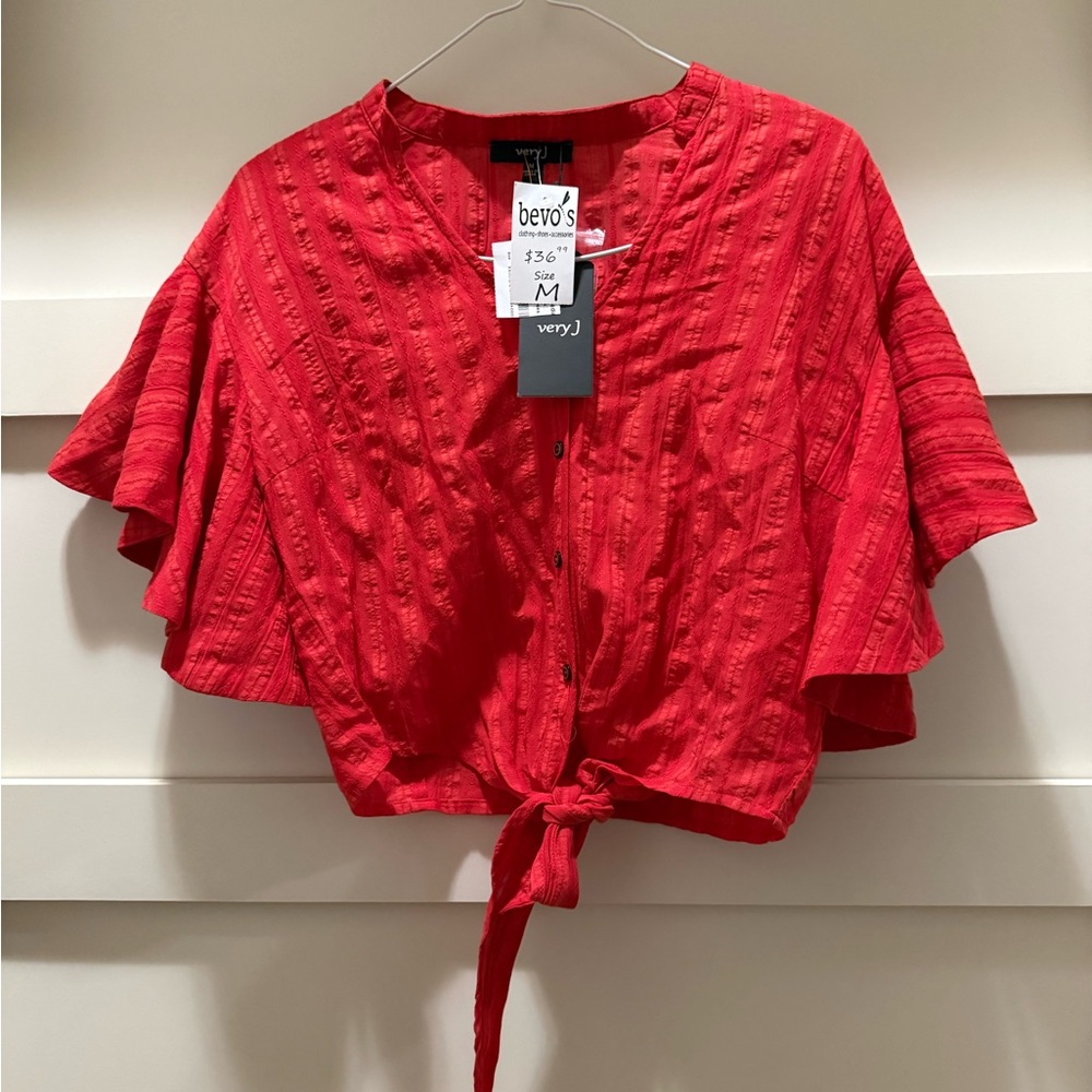 Women’s Red Button-Down crop Tie-Front Top